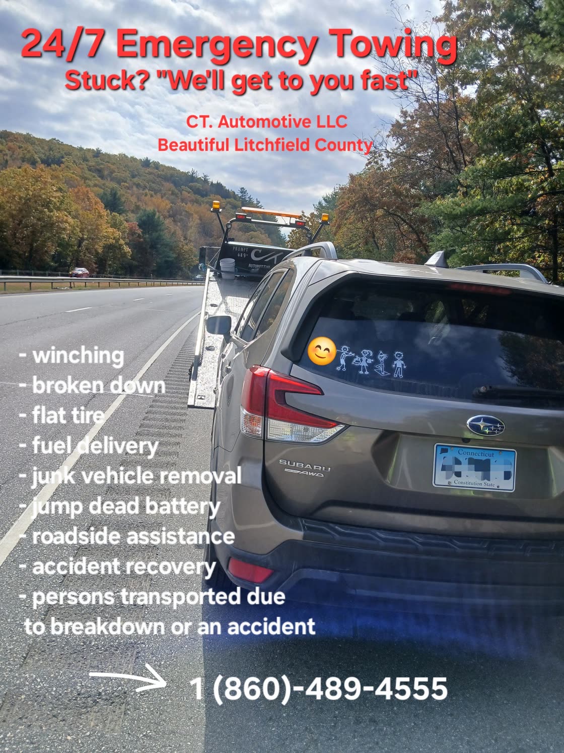 A Subaru being loaded onto CT. Automotive's flatbed tow truck on a Litchfield County highway shoulder in autumn; the company's own advertisement text is printed across the photo.